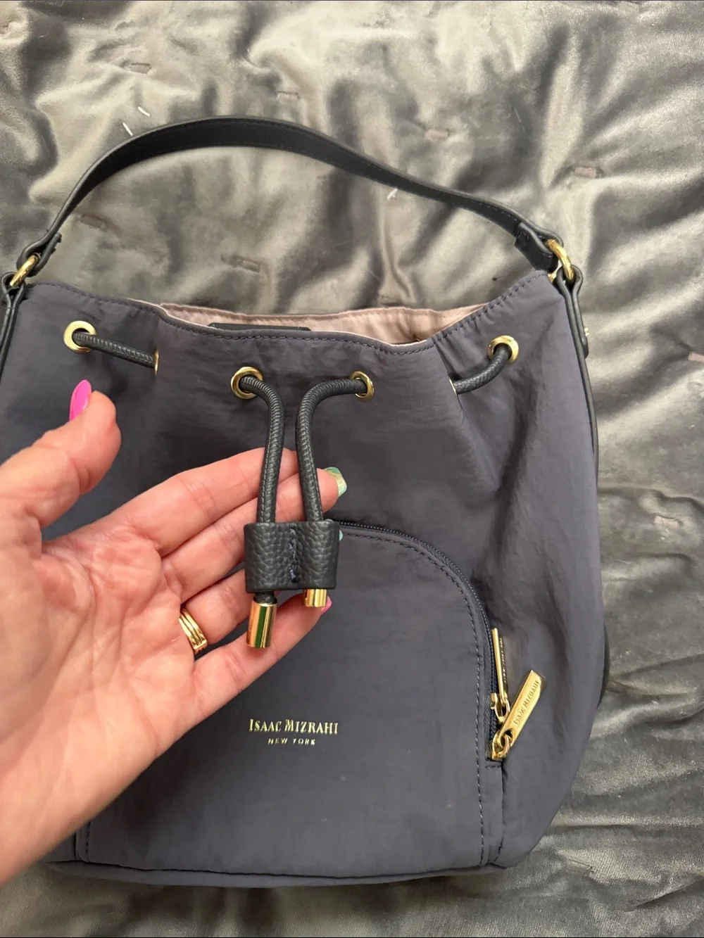 Isaac Mizrahi Dark Navy Drawstring Hobo with Gold Hardware